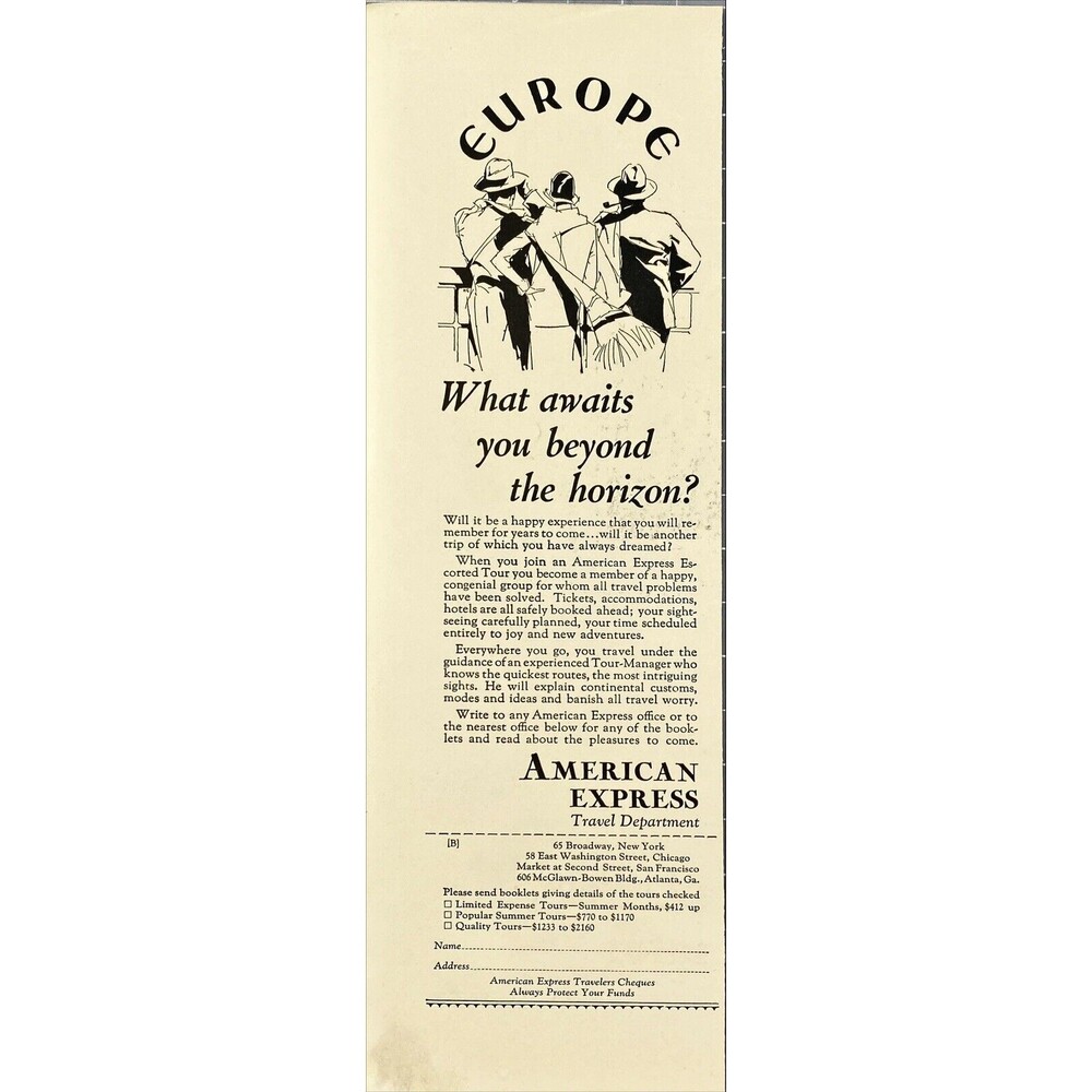 American Express "What Awaits You Beyond the Horizon?" Vintage Print Ad 1929